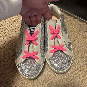 Golden Goose Kids Sneakers with Silver Glitter and Pink Laces